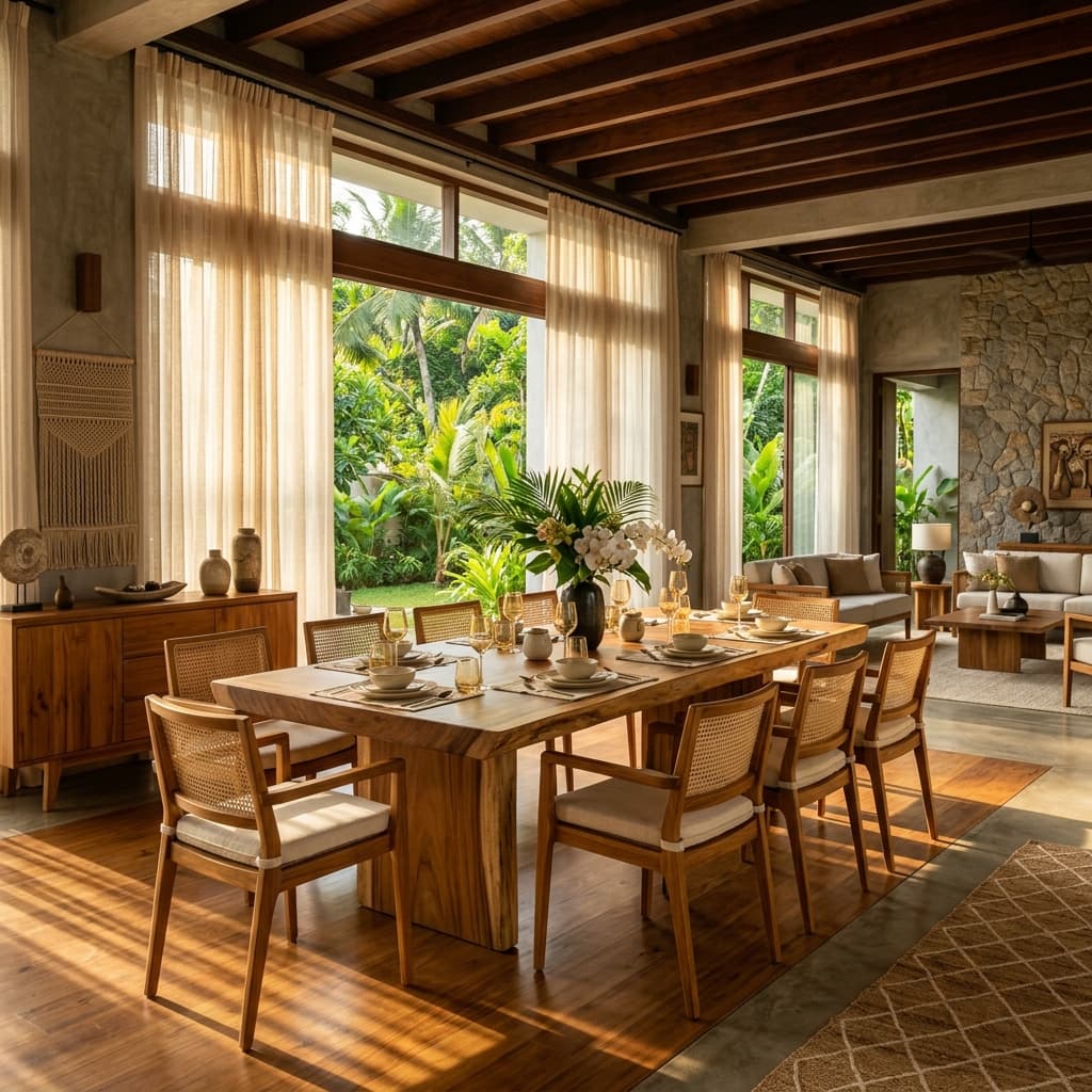 Sunlight illuminating a handcrafted teak dining table in a luxury tropical villa